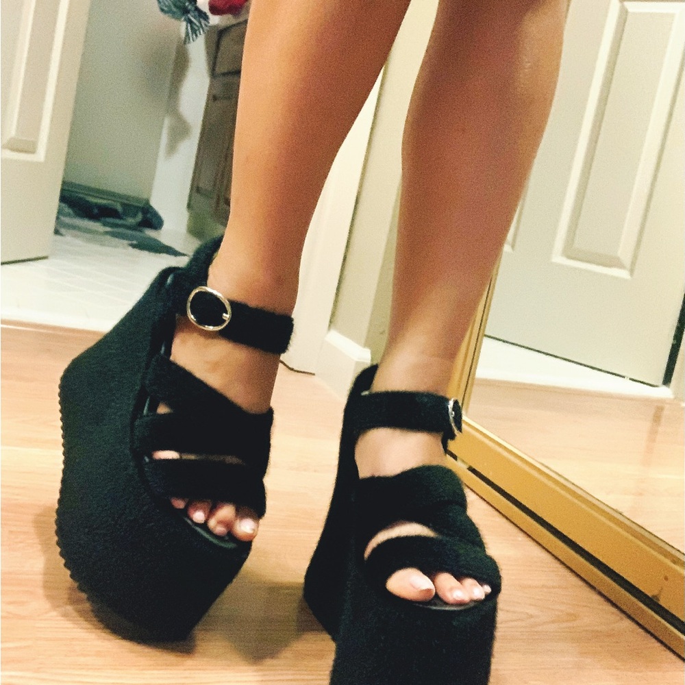 dELiA*s Black Fuzzy Platform Wedge Sandals